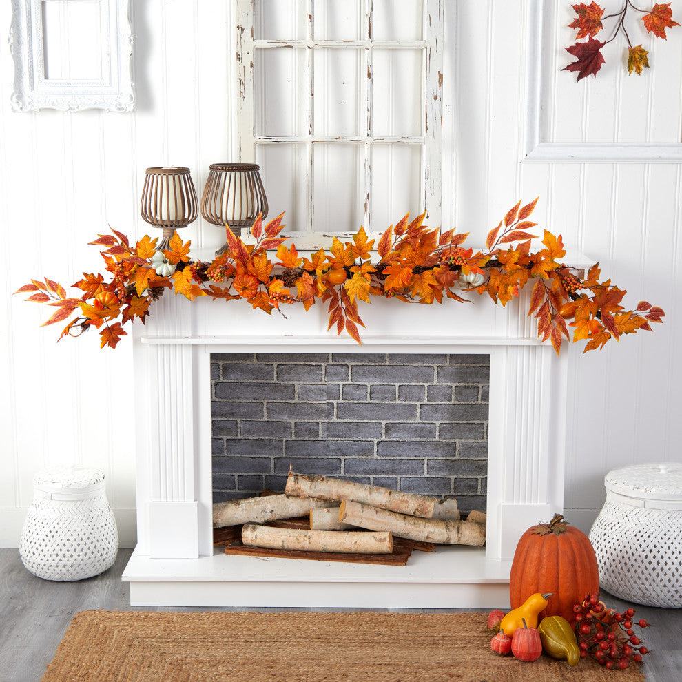 6' Assorted Fall Maple Leaves, Pumpkins, Gourds, Berries & Pinecone Faux Garland