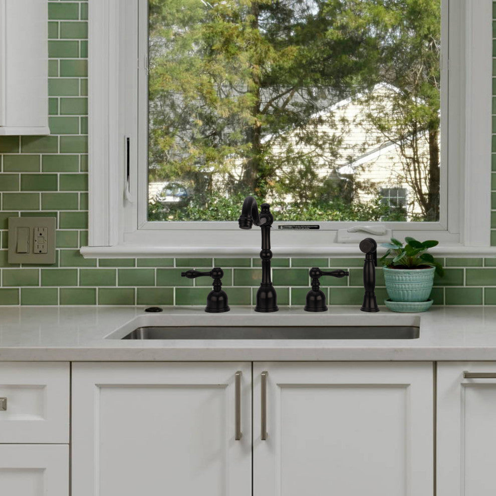 Two-Handles Copper Widespread Kitchen Faucet with Side Sprayer, Matte Black