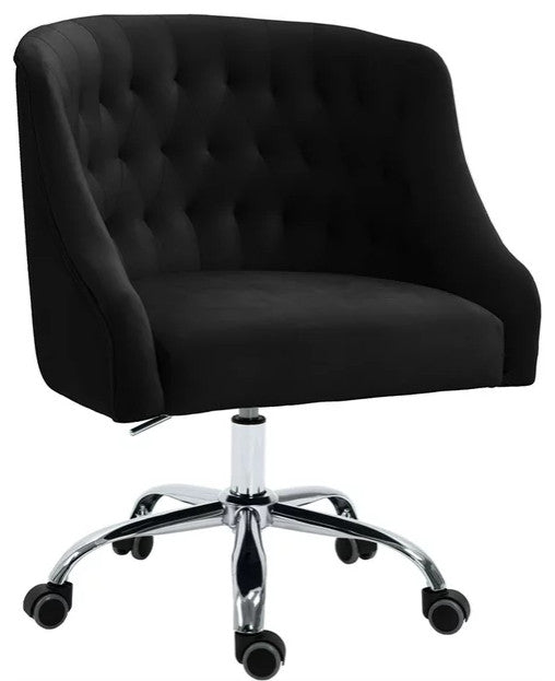Elegant Office Chair, Velvet Seat & Buttonless Tufted Round Back, Black/Chrome