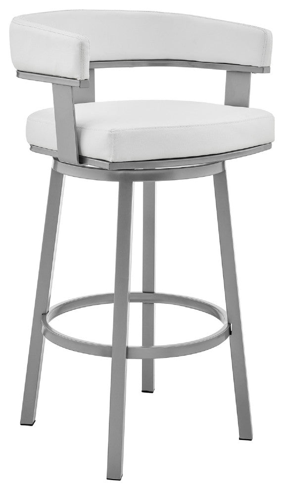 Benzara BM271151 Swivel Barstool, Curved Open Back and Metal Legs, Silver/White
