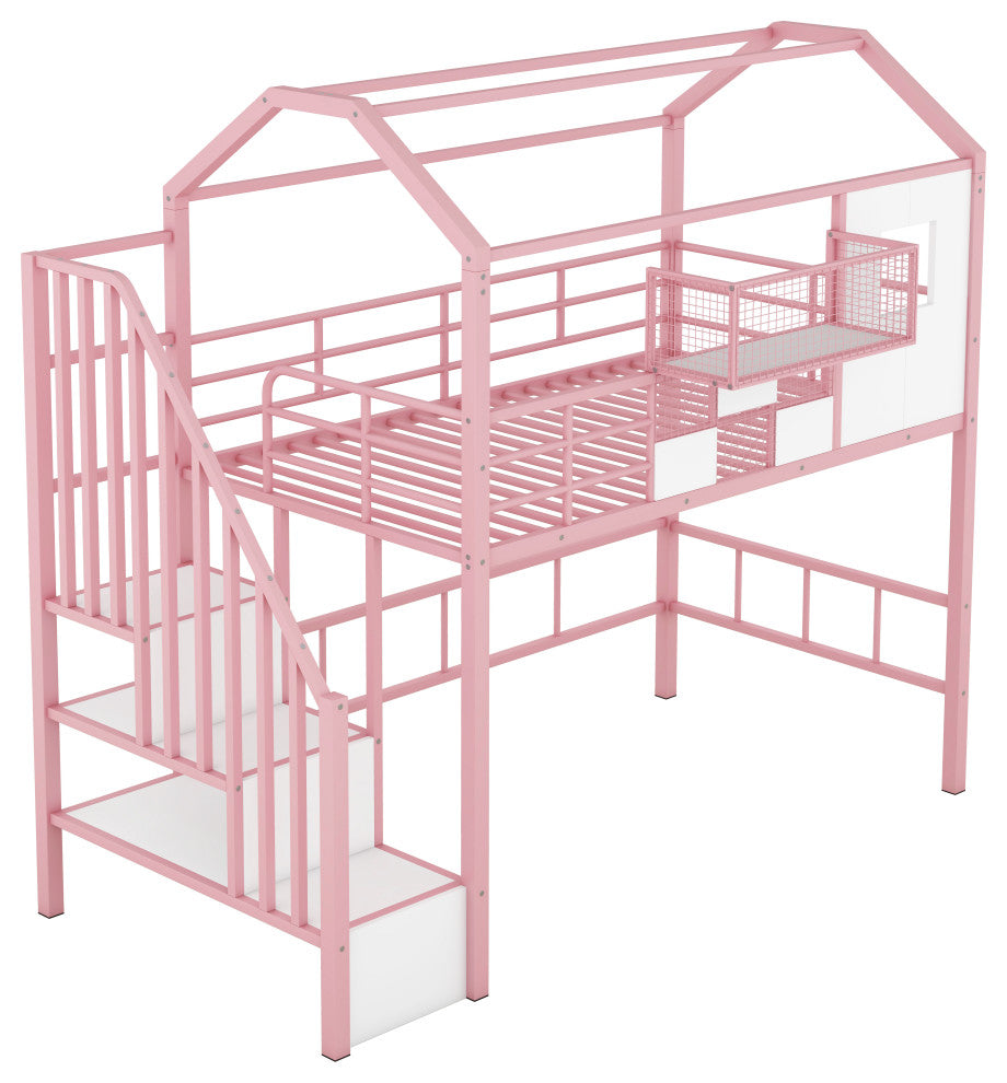 Gewnee Metal Loft Bed with roof design and a storage box, Twin, Pink