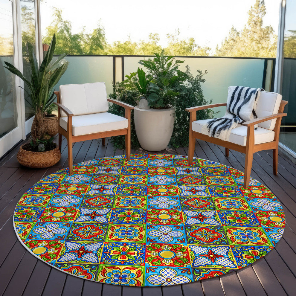 Indoor/Outdoor Kendall KE20 Multi Machine Washable 8' x 8' Round Rug