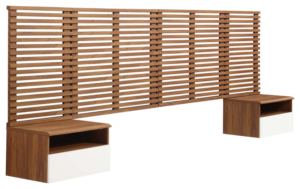 Render Wall Mount King Headboard and Modern Nightstands, Walnut