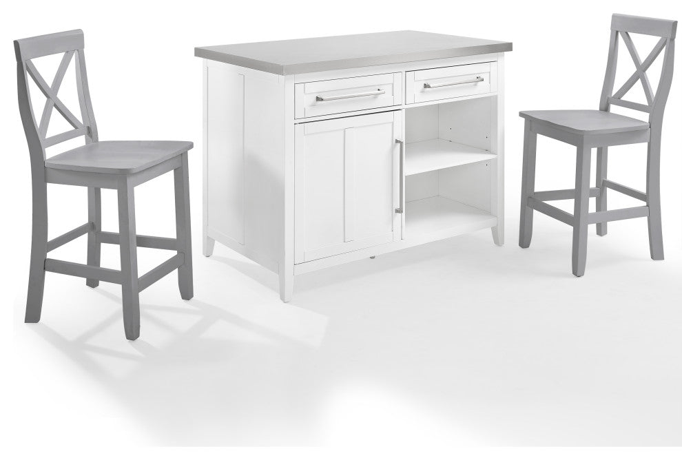Silvia Stainless Steel Top Kitchen Island WithX-Back Stools