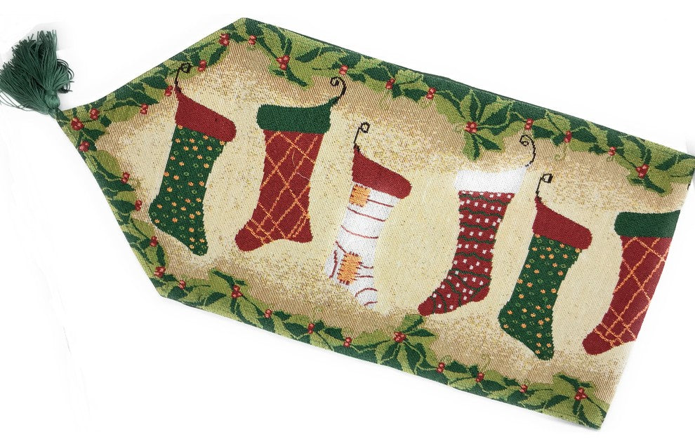 Christmas Tapestry "Hang My Stockings By The Fireplace" Table Runner, 13"x90"