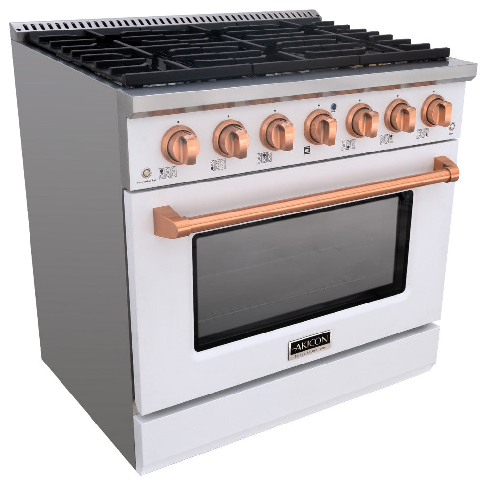 36" Slide-in Freestanding Gas Range & 5.2 Cu. Ft. Oven, 6 Burners. White, White & Copper, 36"