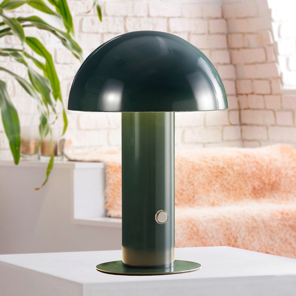 Boletus 10.75" Rechargeable/Cordless Iron LED Mushroom Table Lamp, Forest Green