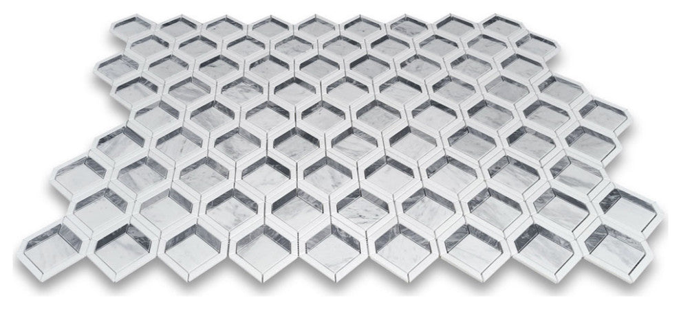Carrara White Marble Illusion 3D Square Geometry Mosaic Tile White, 1 sheet