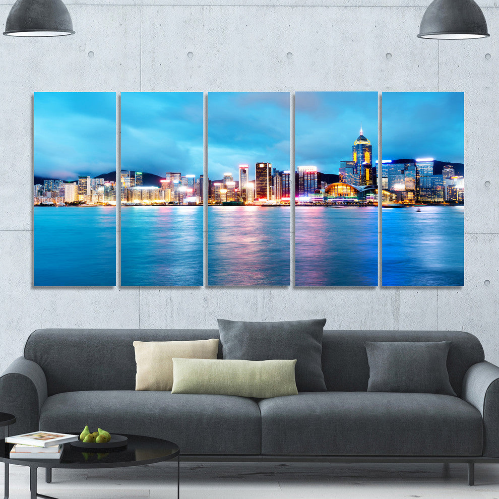 Colorful Hong Kong at Night, Cityscape Canvas Art Print, 60"x28", 5 Panels