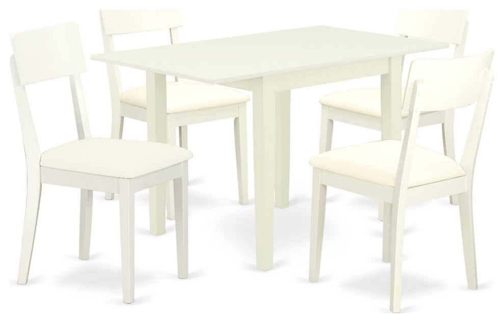 Dining Set 5 Pc, 4 Chairs, Wooden Table, Linen White Faux Leather
