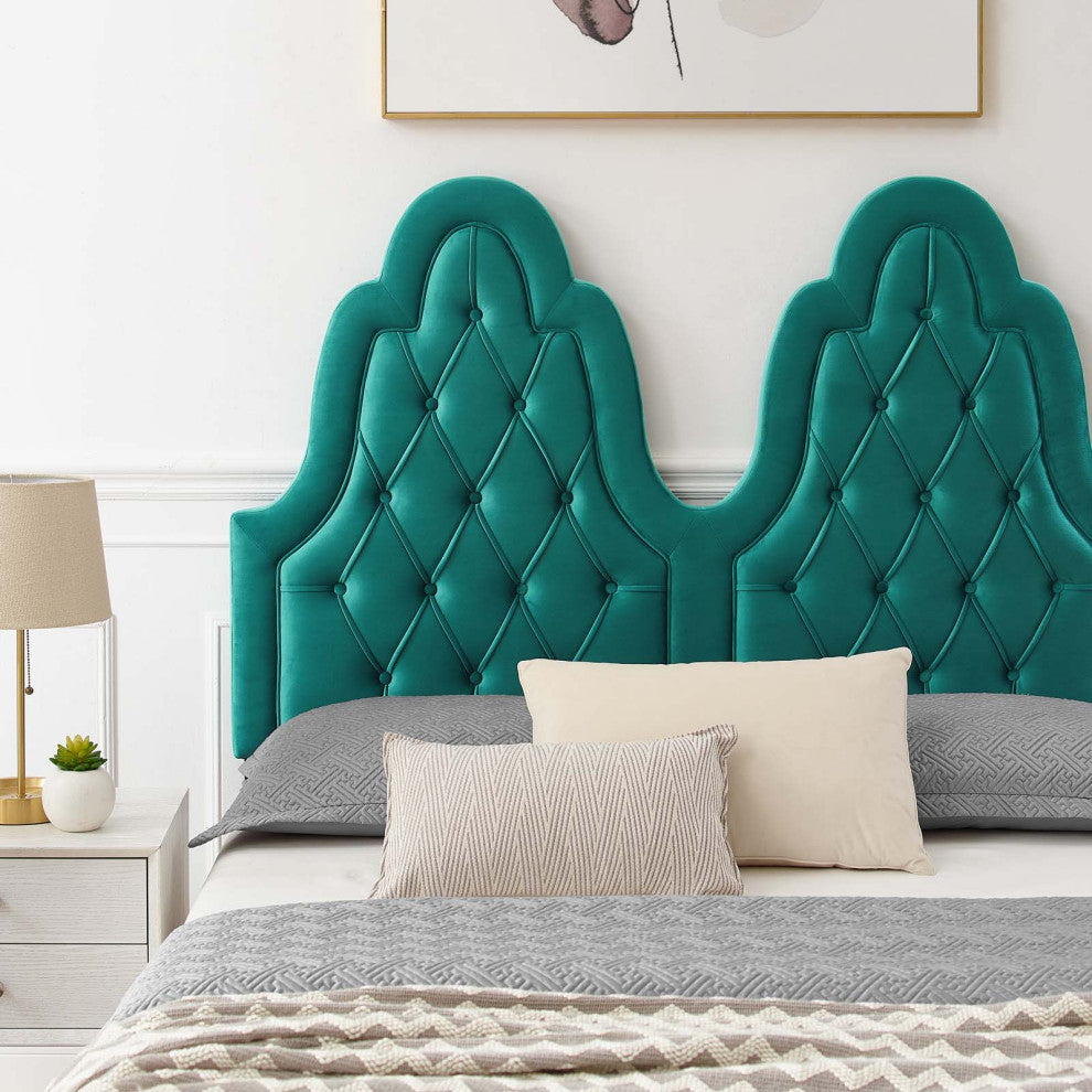 Tufted Platform Bed Frame, King Size, Velvet, Teal Blue, Modern Contemporary