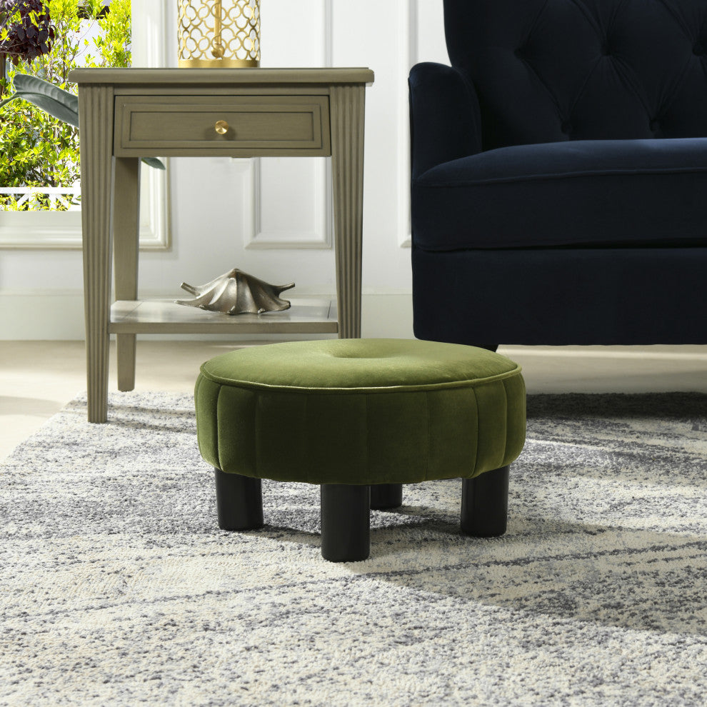 Riley 16" Round Footstool Ottoman, Olive Green Performance Velvet