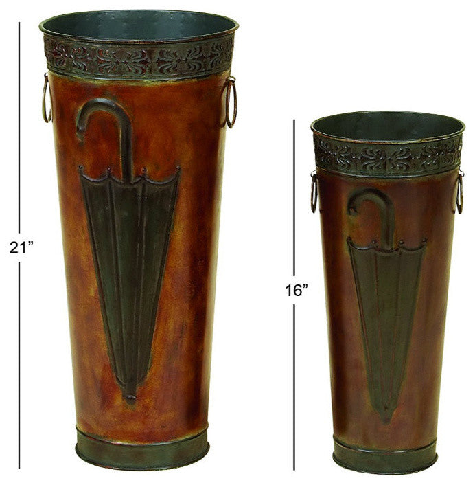 Benzara BM07627 Rustic Umbrella Stand With Engraved Details, Set Of 2, Brown