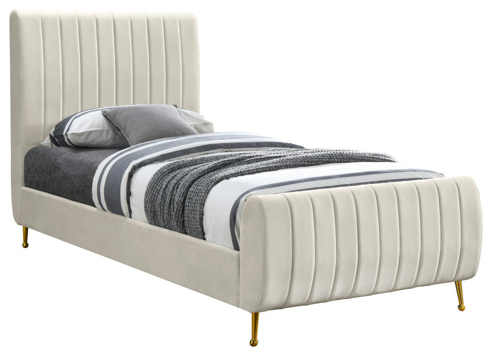 Zara Channel Tufted Velvet Upholstered Bed With Custom Gold Legs, Cream, Twin