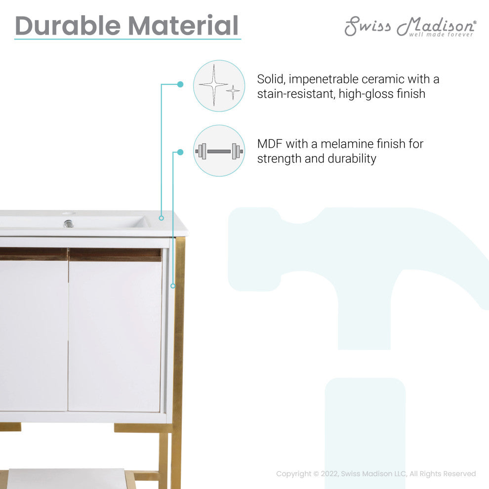Marseille 24" Bathroom Vanity, White/Brushed Gold
