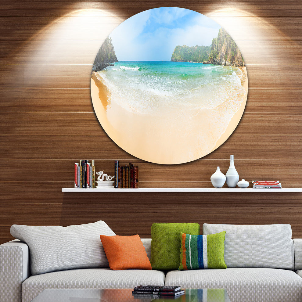 Exotic Vacation Seashore Panorama, Seascape Round Metal Wall Art, 38"