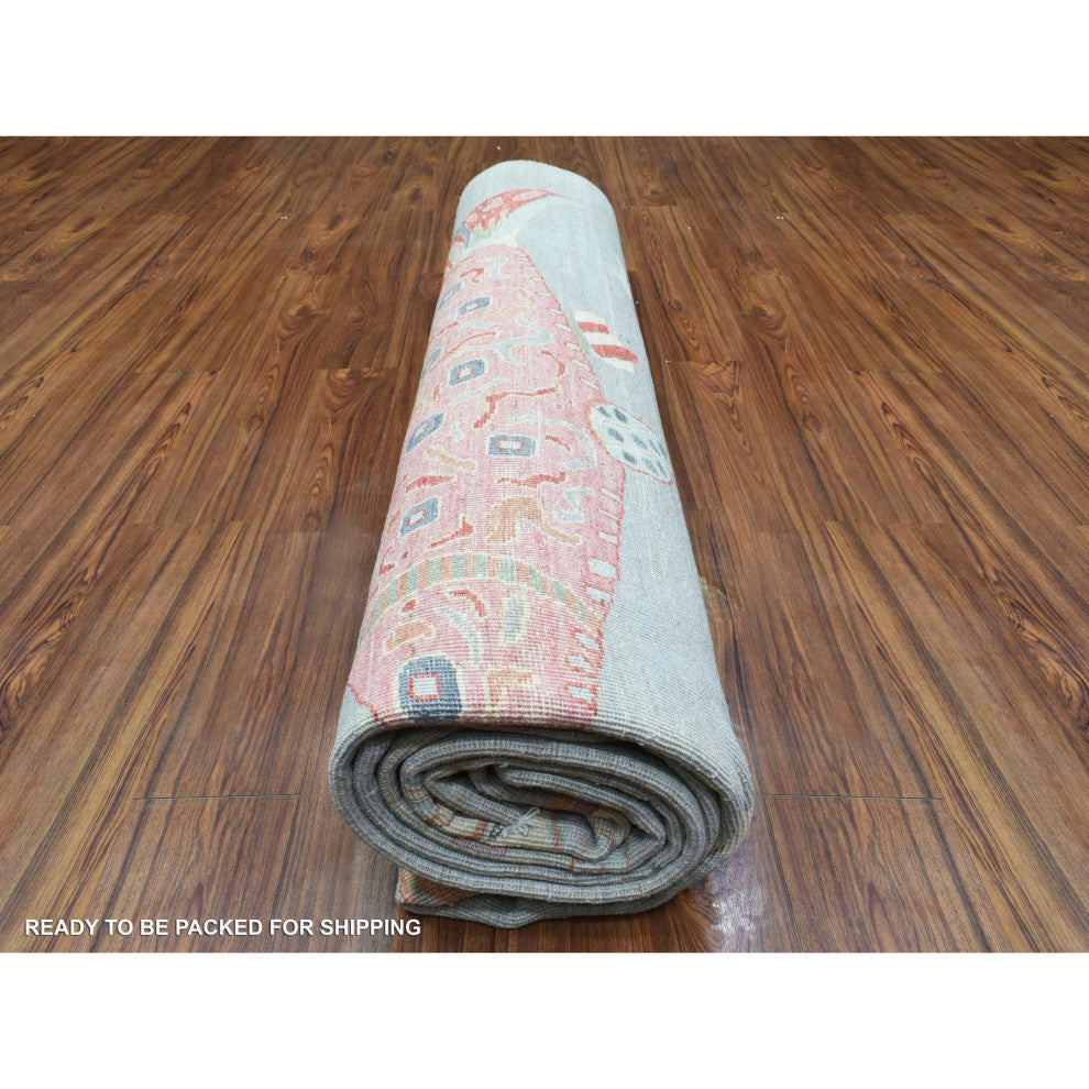 Light Gray, Soft Wool Hand Knotted, Afghan Peshawar Oriental Rug, 9'2"x11'9"