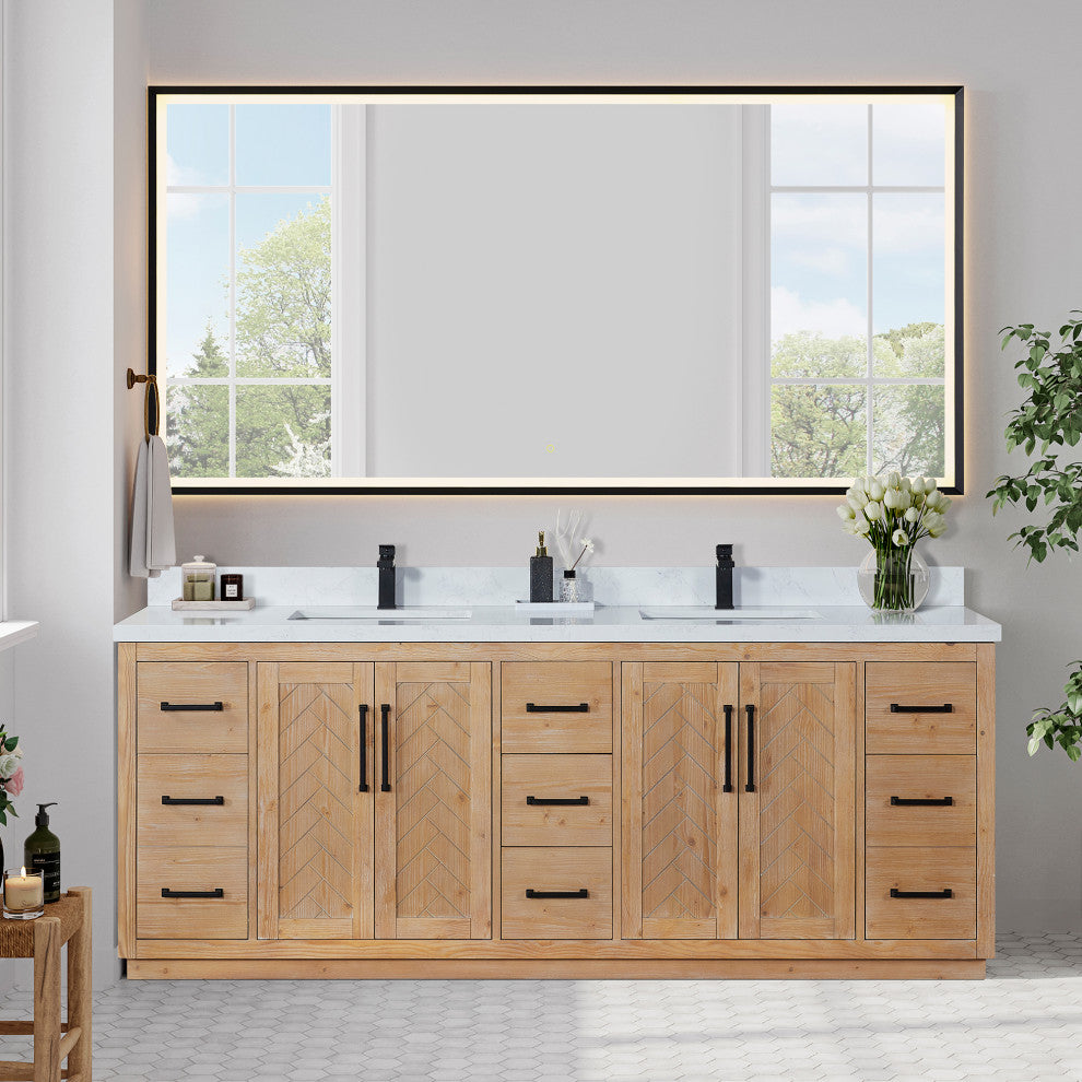 Anais Vanity Grain White Engineered Stone Countertop, Light Brown, 84", With Mirror