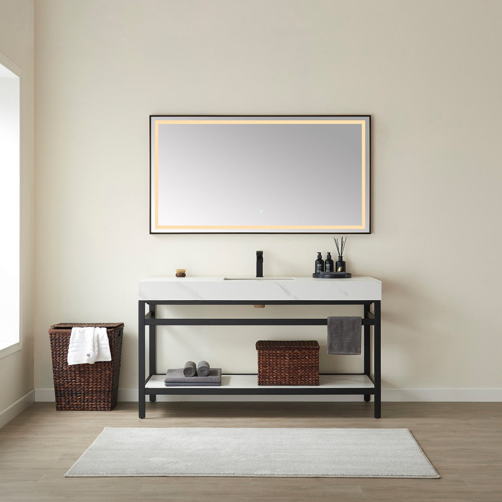 Funes Bath Vanity with Mirror, Matte Black Support, 60'' Single Sink, White Stone Top