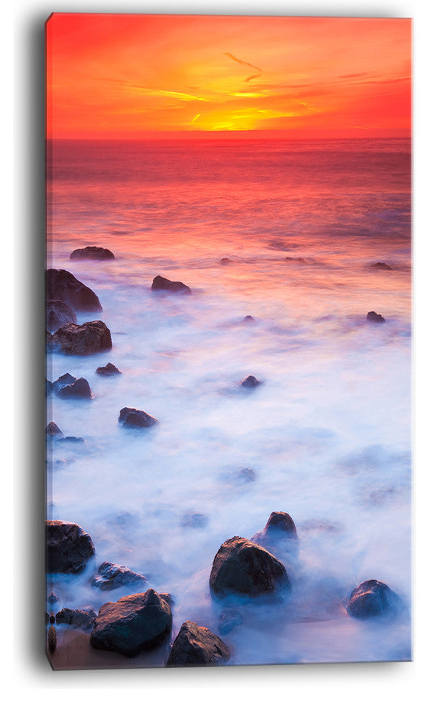 "Bright Red Rocky Coast Sunset" Seashore Canvas Art, 20"x40"
