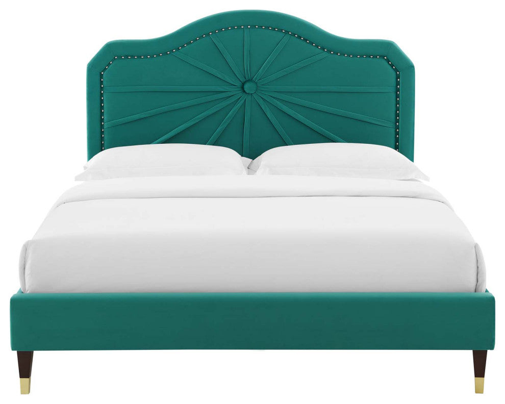 Platform Bed Frame, Twin Size, Velvet, Teal Blue, Modern Contemporary, Bedroom