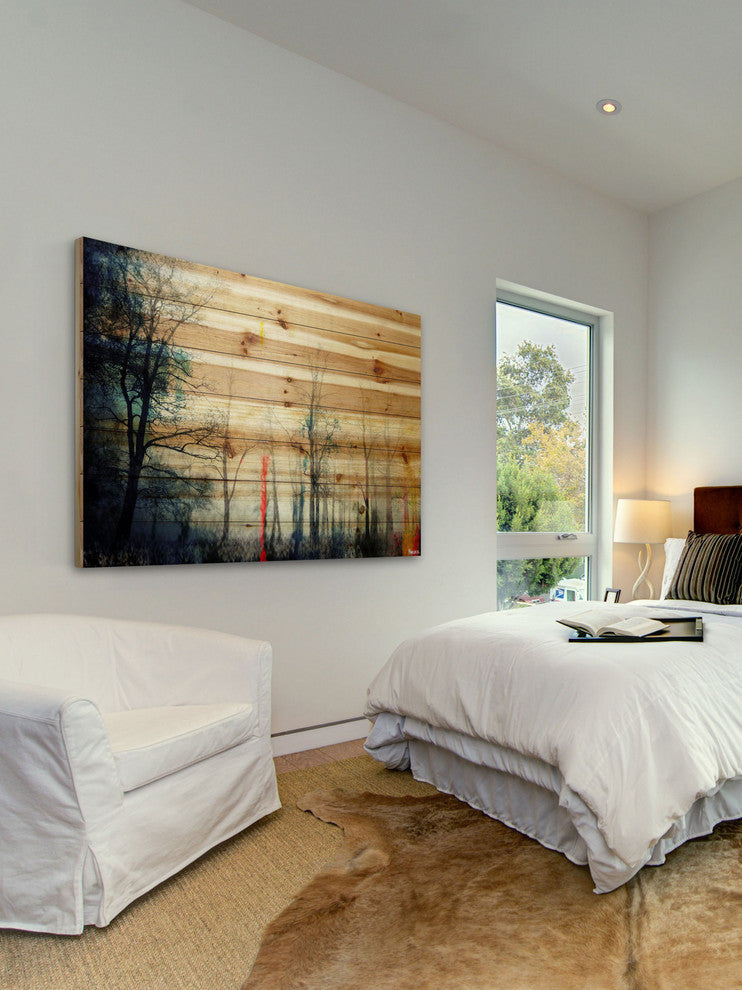 "Tall Tree Silhouette" Painting Print on Natural Pine Wood, 60"x40"