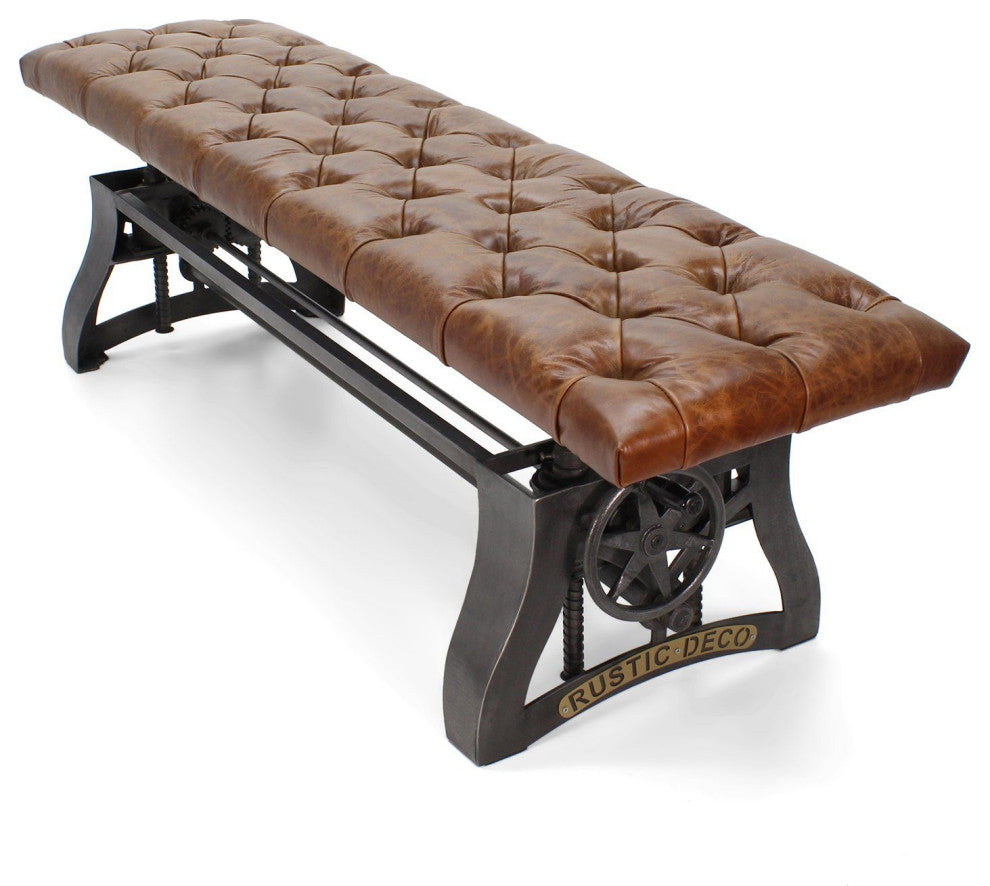 Crescent Industrial Dining Bench - Adjustable Iron Base - Brown Leather Seat