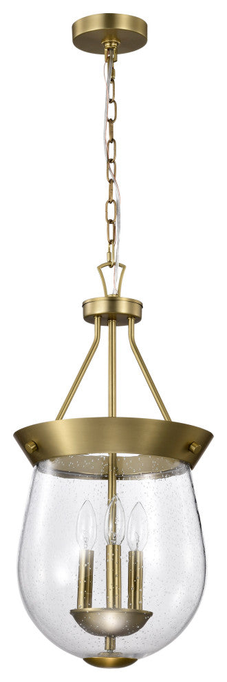 Boliver 3 Light Pendant, 11", Vintage Brass Finish, Clear Seeded Glass
