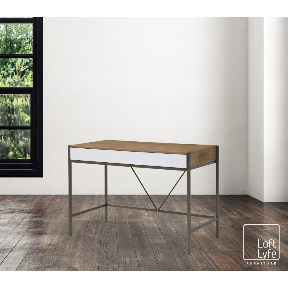 Loft Lyfe Anisa Desk, 2 Storage Drawers, Natural/Bronze