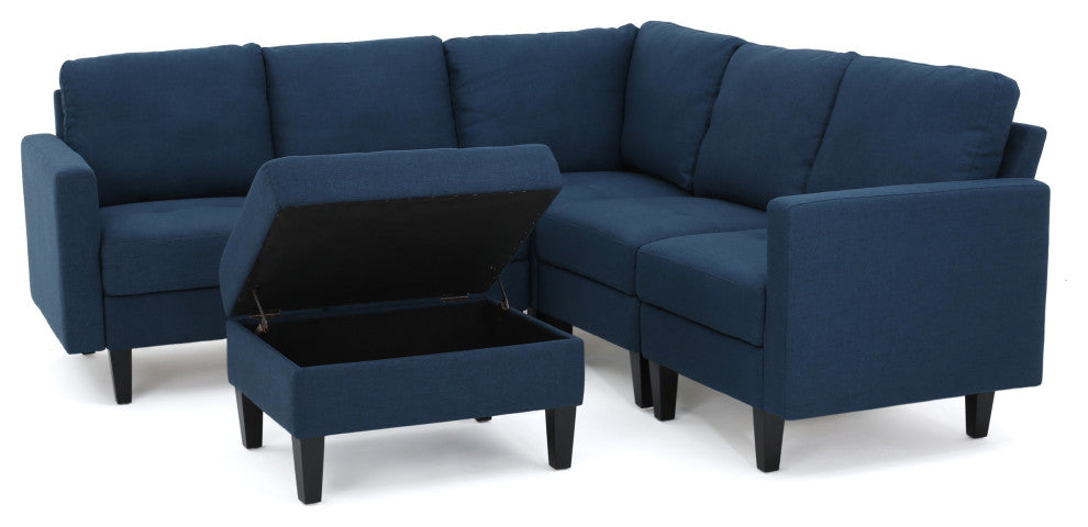GDF Studio Carolina Fabric Sectional Couch With Storage Ottoman, Dark Blue