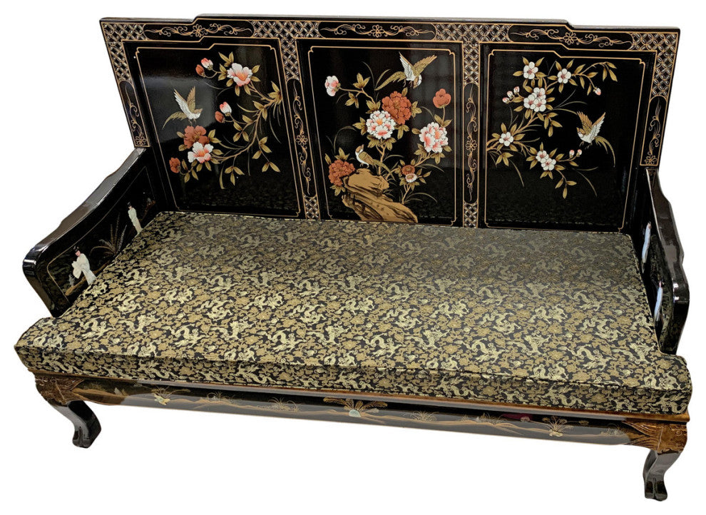 Asian Black Lacquer Dragon Leg Sofa With Silk Cushion