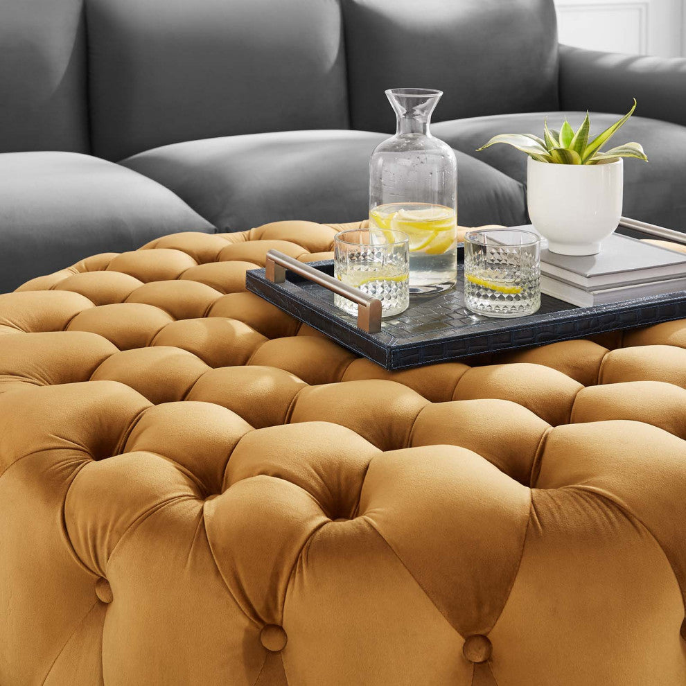 Round Ottoman Accent Tufted Chair, Brown, Velvet, Modern, Lounge Hospitality