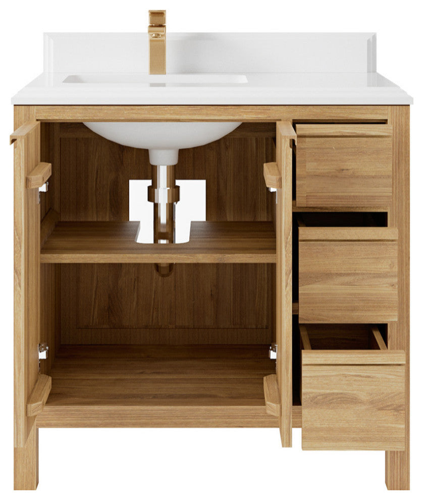 Elizabeth 36 Left Offset Bath Vanity in Light Natural Teak 1.5" White Quartz