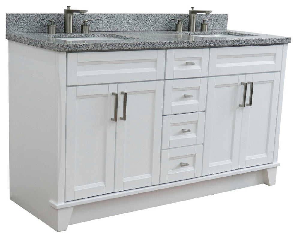 61" Double Sink Vanity, White Finish And Gray Granite And Rectangle Sink