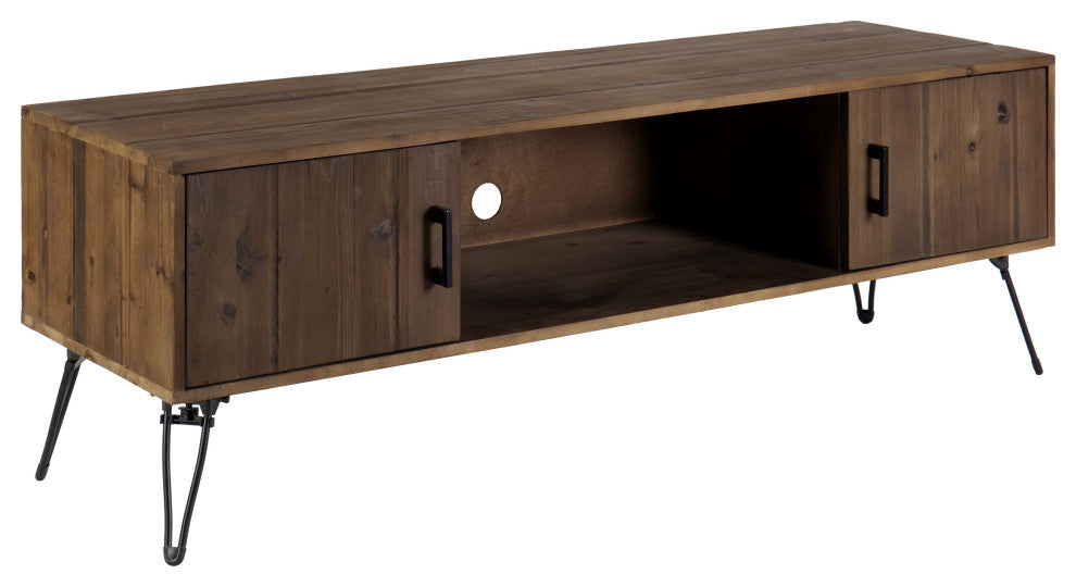 Benzara UPT-273092 Wood Rectangle TV Stand Media Console, 2 Doors, Natural Brown