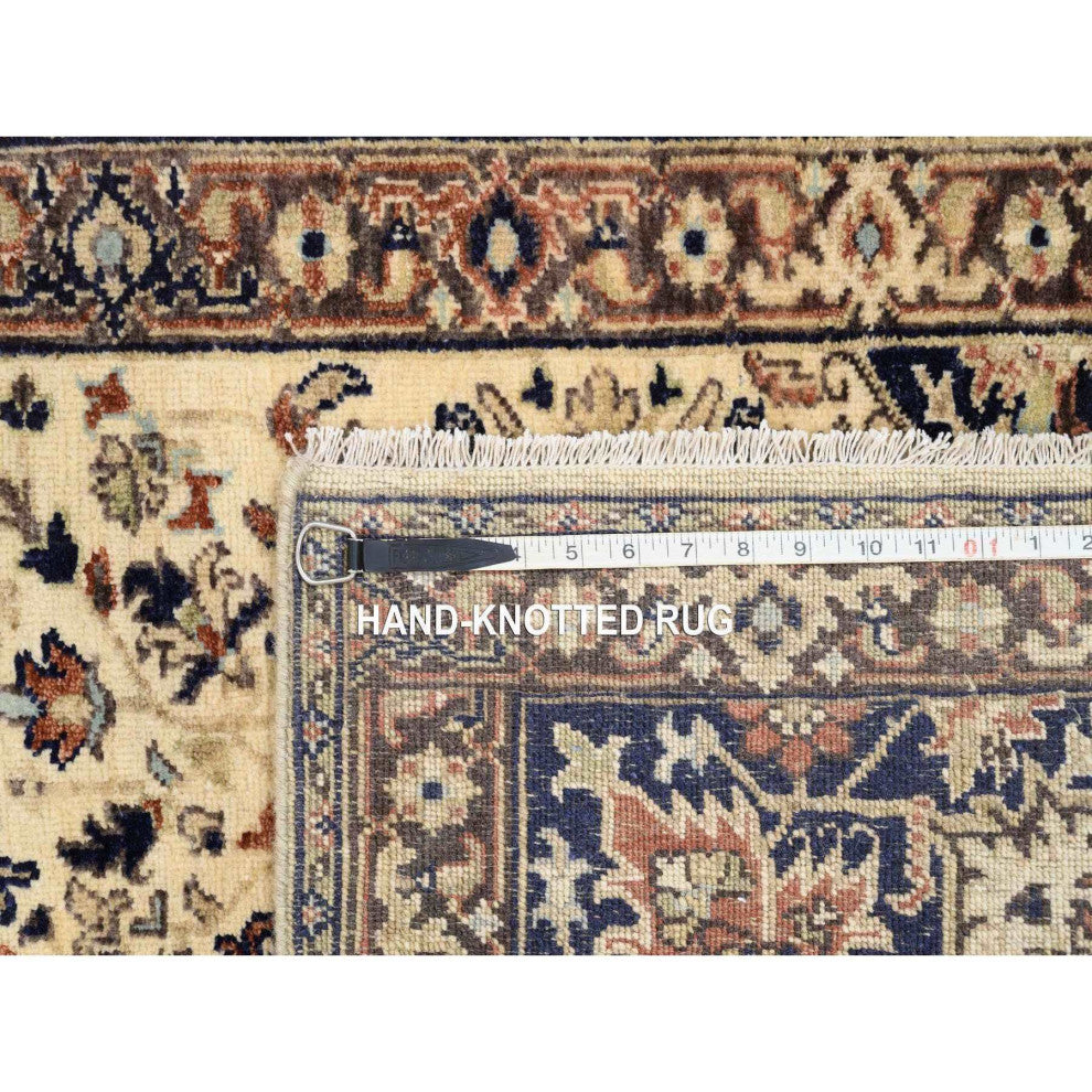 Beige Antiqued Heriz Re-Creation Soft Wool Hand Knotted Runner Rug, 2'7" x 10'3"