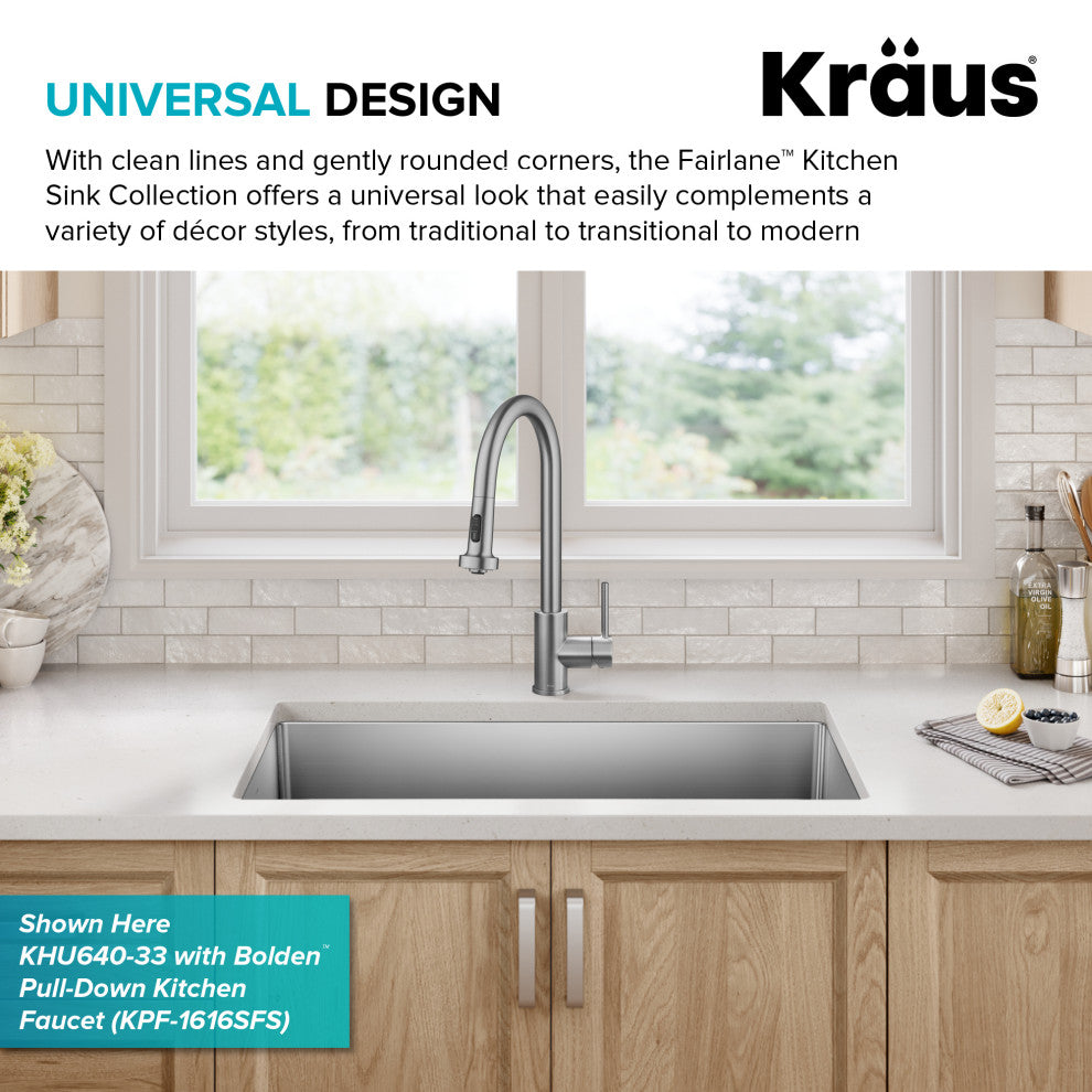 KRAUS Fairlane 33" Undermount 2-Bowl 18 Gauge Stainless Steel Kitchen Sink