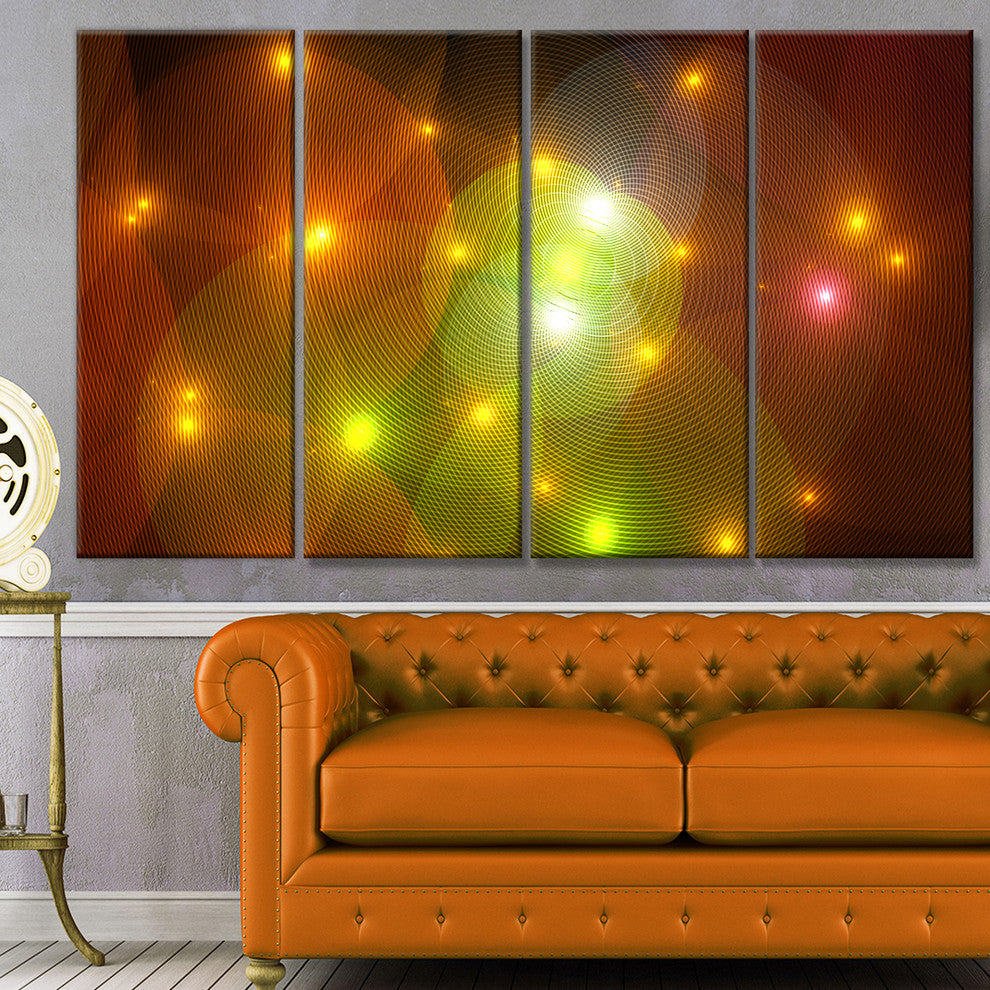 Golden Fractal Lights in Fog, Abstract Wall Art Canvas, 48"x28", 4 Panels