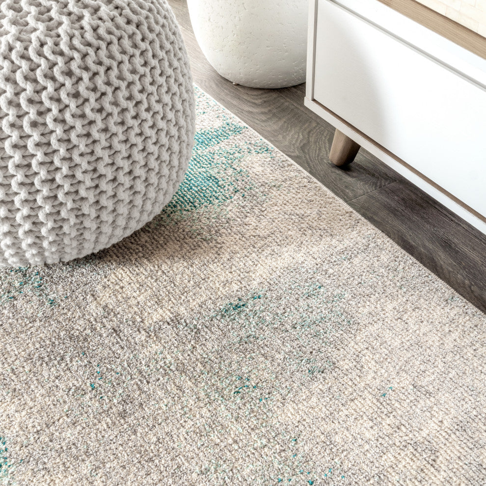 Contemporary POP Modern Abstract Vintage Area Rug, Cream and Blue, 3x5 Oval