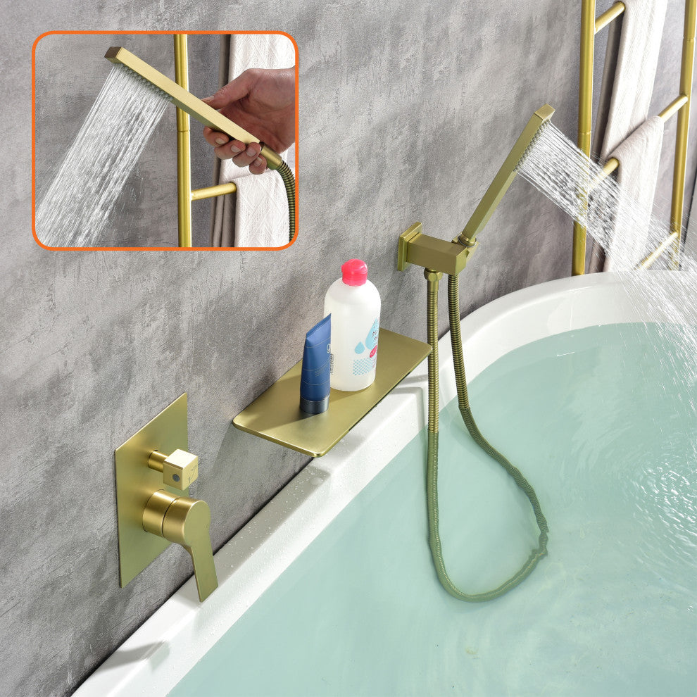 Wellfor Shower Faucet Set, Handheld Shower and Waterfall Tub Spout, Brushed Gold