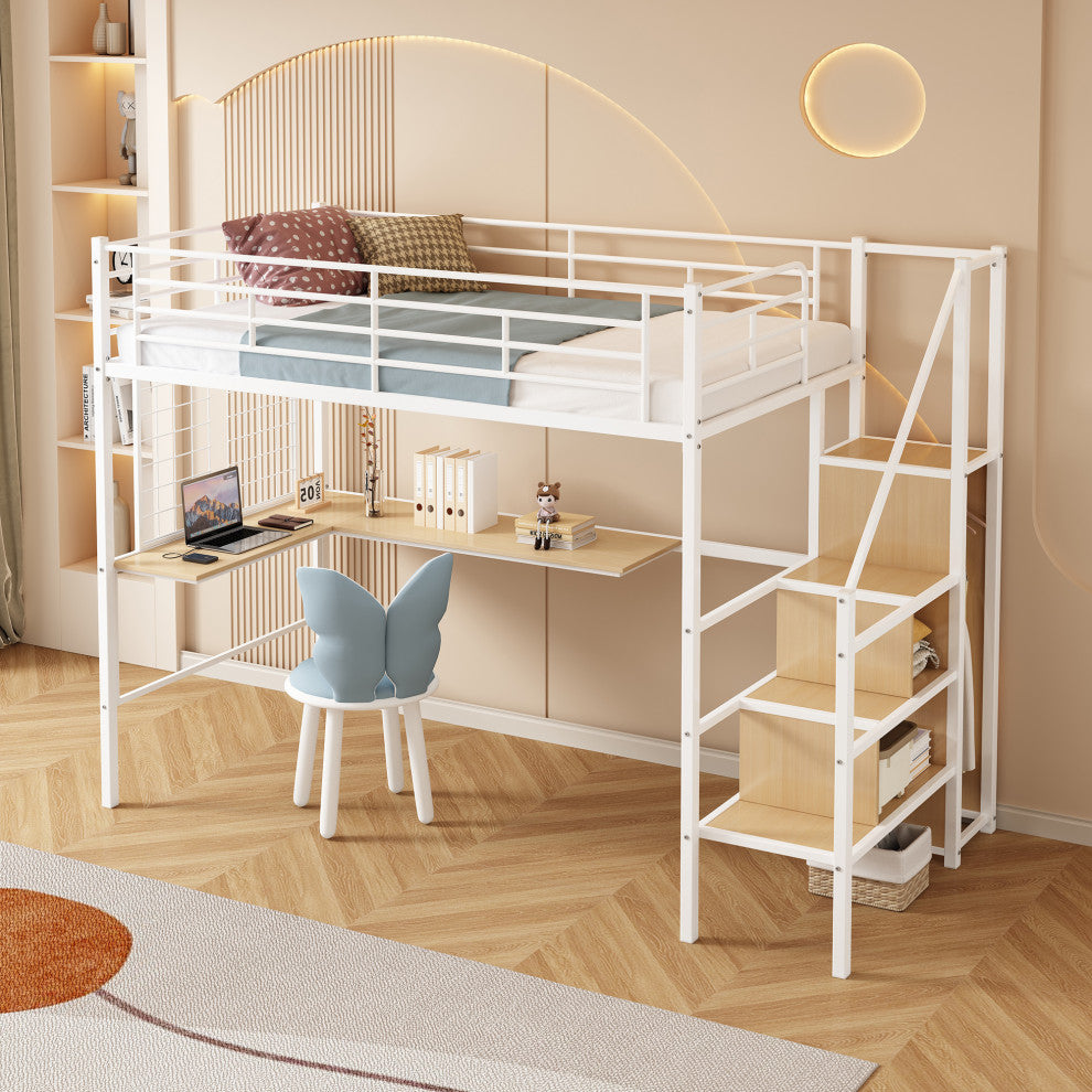 Gewnee Twin Loft Bed with Desk and Storage Wardrobe
