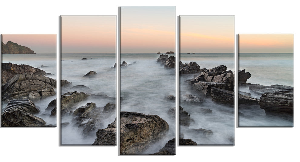 "Rocky Beach With White Waters" Modern Seashore Canvas Art, 5 Panels, 60"x32"