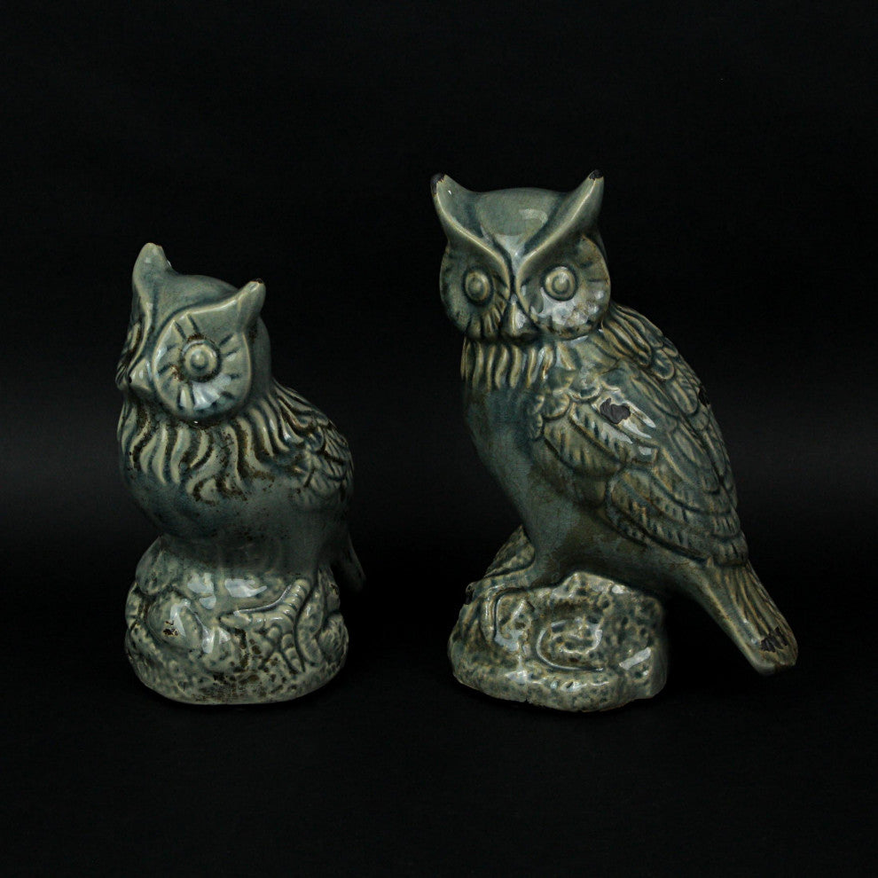 Grey Crackle Finish Set of 2 Ceramic Owl Statues