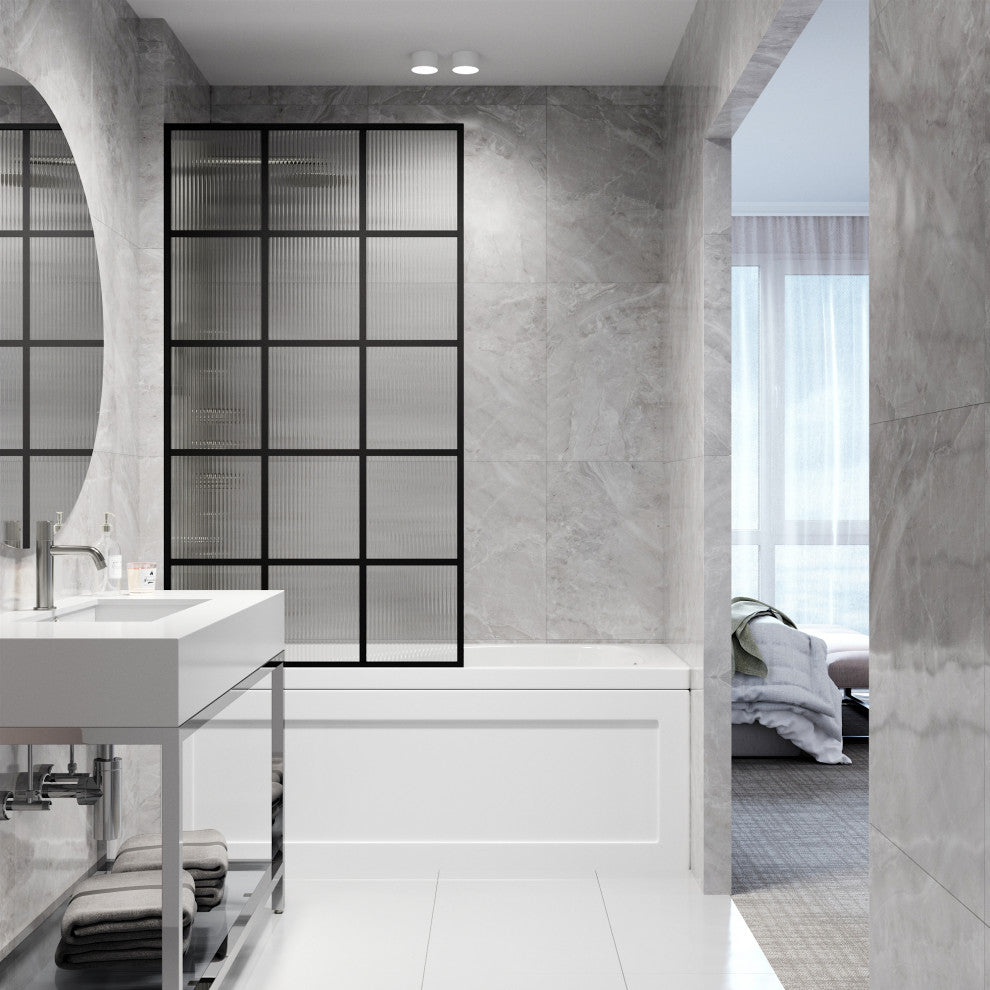 VIGO Mosaic Framed Fixed, Matte Black, Tub Screen, 34" W X 62" H, Fluted Glass