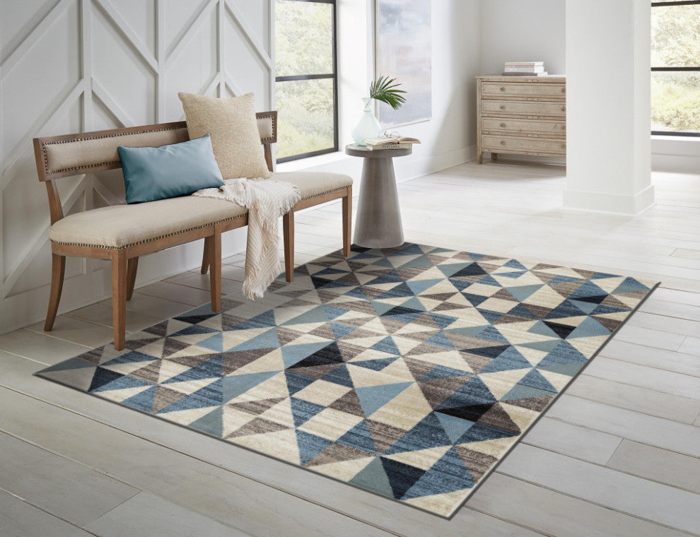 8"x11" Blue Beige Nested Diamonds Modern Area Rug