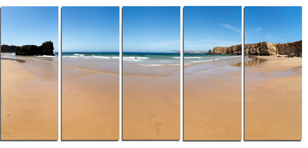 "Calm Sandy Coastline Panorama" Oversized Beach Wall Art, 5 Panels, 60"x28"