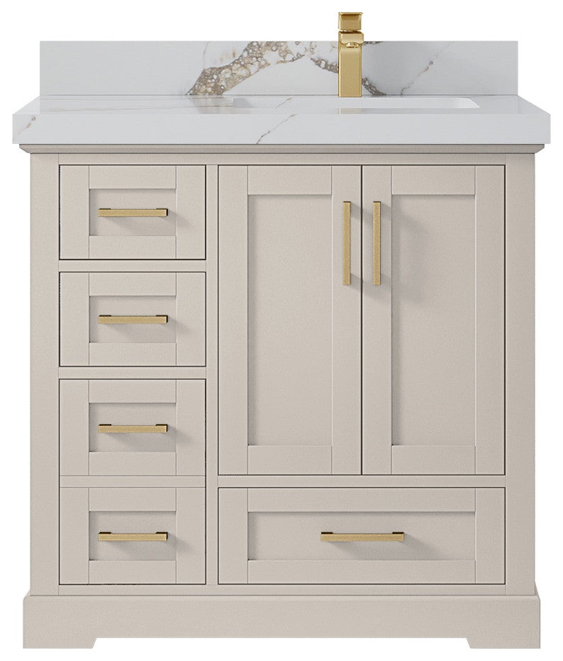 Boston 36" Right Offset Bath Vanity in Fine Grain 2" Calacatta Gold
