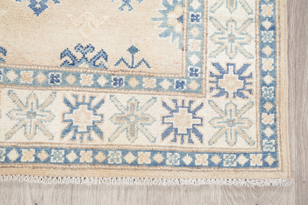 Hand-Knotted Kazak Oriental Traditional Pakistani Area Rug, Beige, 4'11"x3'3