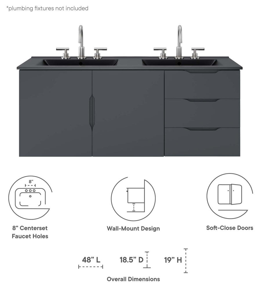 Double Sink Vanity Cabinet, Gray Black, Ceramic, Modern, Hotel Bathroom
