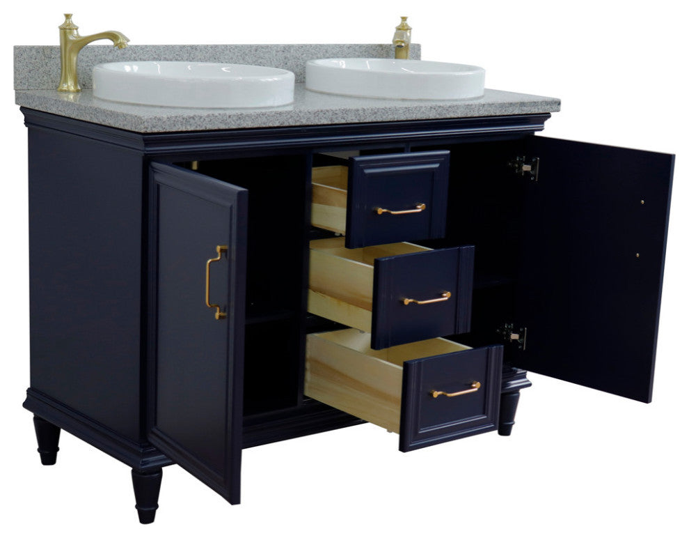 49" Double Vanity, Blue Finish With Gray Granite And Round Sink